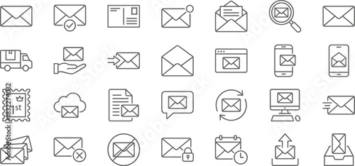 Mail and messaging icons, email symbols, postal communication, cloud storage, mobile messaging, secure mail, envelope graphics, digital communication tools, UI elements, send receive