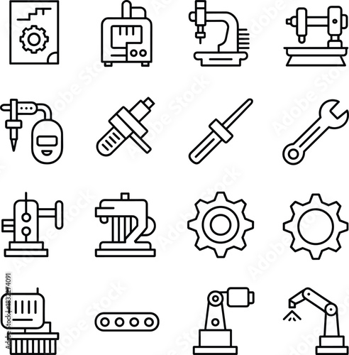 Manufacturing icons, mechanical tools, industrial machines, CNC lathe drill, blueprint gear, robotic arm, conveyor belt, engineering graphics, black white line art