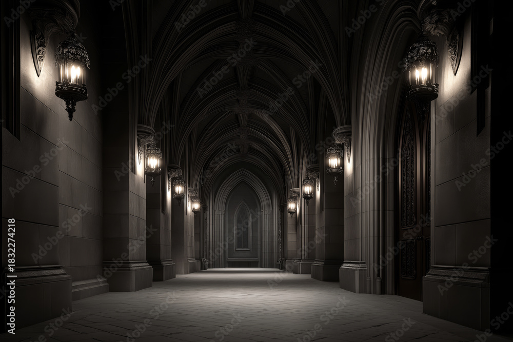 Obraz premium Moody gothic hallway lined with iron sconces, ribbed vault ceiling, cold stone floors, and dramatic shadows