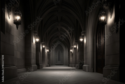 Moody gothic hallway lined with iron sconces, ribbed vault ceiling, cold stone floors, and dramatic shadows