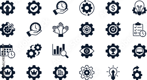 Productivity and business process icons set, efficiency, planning, goal setting, time management, teamwork, innovation, achievement, strategy, financial success
