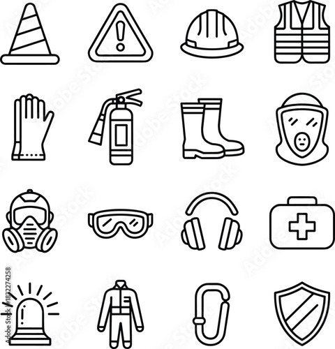 Safety equipment icons, protective gear symbols, PPE graphics, emergency tools, industrial safety, fire extinguisher, hard hat, goggles, shield, first aid kit