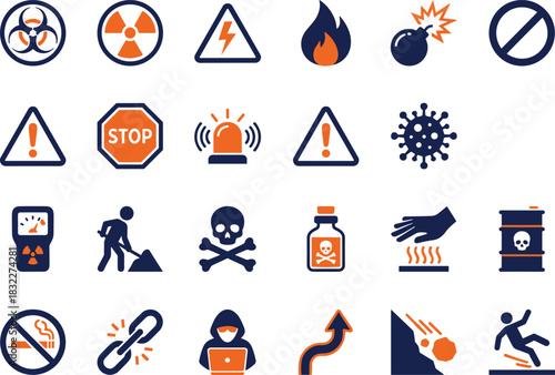 Safety hazard icons, warning symbols, danger signs, biohazard alert, fire explosion, toxic substance, virus alert, falling hazard, cybersecurity threat, emergency stop, workplace safety