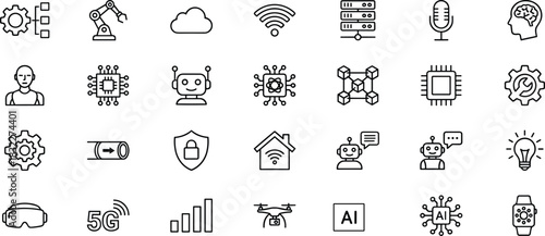 AI icons, robotics, smart technology, cloud computing, microchip, virtual reality, drone, 5G, smart home, security, innovation, automation, digital transformation, machine learning