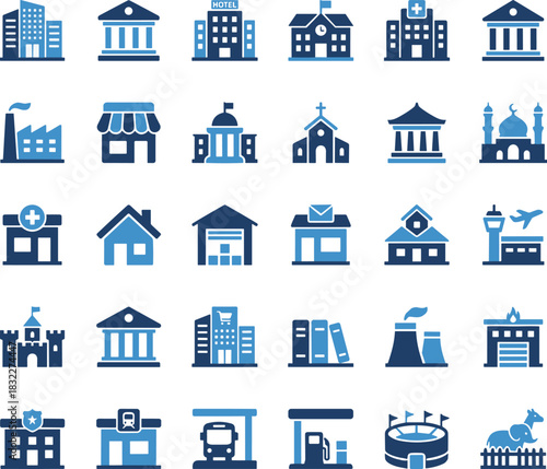 Building and infrastructure icons set, urban planning, architecture, public services, transportation hubs, landmarks, facilities, government, education, healthcare, religion, commerce