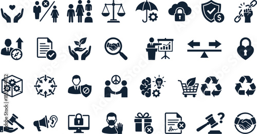 Business ethics icons, law and sustainability, flat vector set, justice, care, protection, agreement, innovation, security, eco-friendly, empowerment, technology