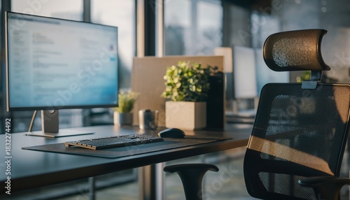 Modern Workplace Serenity: A contemporary office space, bathed in soft daylight, presents an organized desk setup, a sleek computer screen, a modern chair, and subtle greenery.