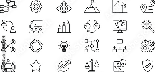 Business icons, management, analytics, teamwork, strategy, growth, decision-making, innovation, finance, marketing, planning, process, protection, insight, collaboration, presentation