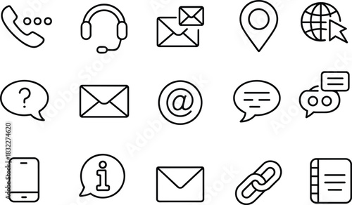 Communication icons, contact symbols, email messaging, phone support, speech bubbles, location pin, internet globe, mobile device, help inquiry, online identity, connection tools