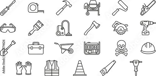 Construction tools icons, flat vector set, safety gear, equipment, hammer, drill, saw, gloves, helmet, hazard, toolbox, shovel, industrial