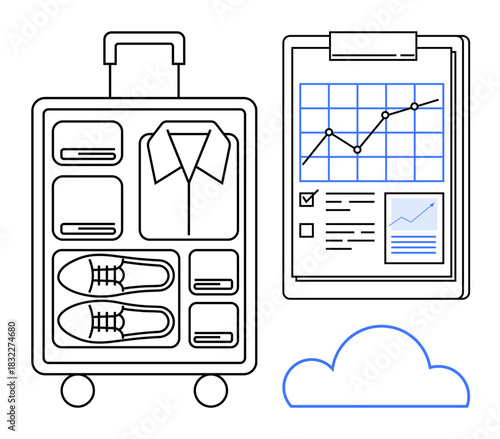 Open suitcase with neatly packed items next to analytics clipboard featuring charts, graphs, and checklist. Ideal for travel preparation, business planning, organization, efficiency, productivity