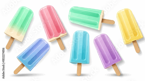 Seven colorful popsicle treats arranged on a white surface with wooden sticks and bright pastel colors