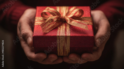 Hands holding red gift box with golden ribbon bow close up for Christmas holiday celebration
