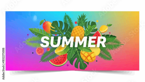Illustration featuring the word summer amidst a vibrant display of tropical fruits and lush foliage design