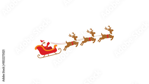 Cheerful santa claus riding in his sleigh pulled by a team of reindeer across a white background