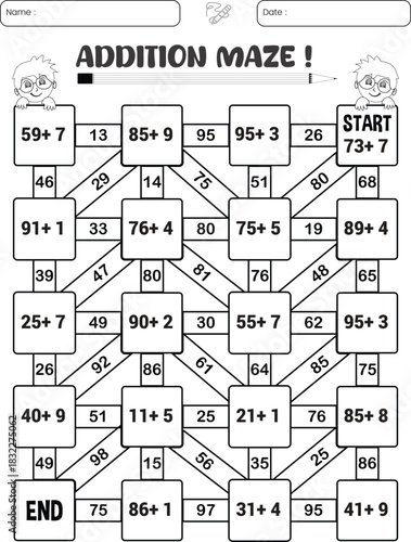 Addition maze puzzle game worksheet for child