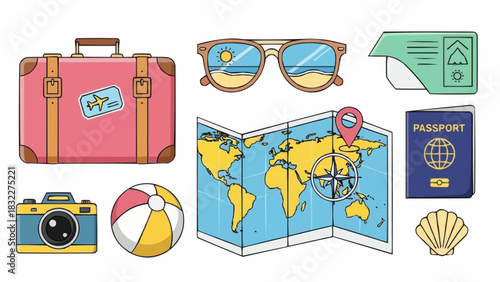 A collection of travel themed items including a suitcase, map, passport and other vacation objects