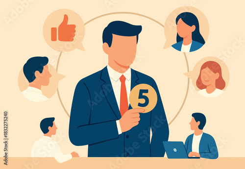  360 degree feedback, assessment or performance appraisal, customer review, testimonial or job networking, employee evaluation, rating or survey concept, businessman get feedback from colleagues.