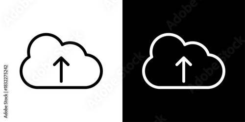 Cloud with upward arrow representing uploading files, transferring data online, and sending content to cloud storage.