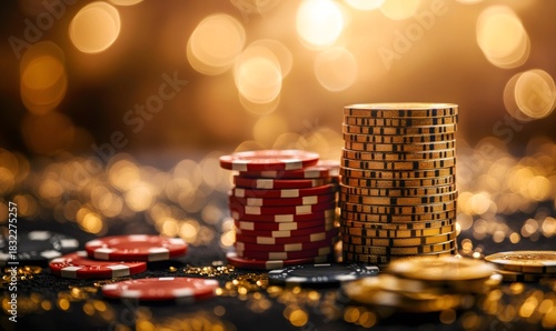 Gold and red casino poker chips creating tall stacks and scattered on a dark table with golden bokeh lights