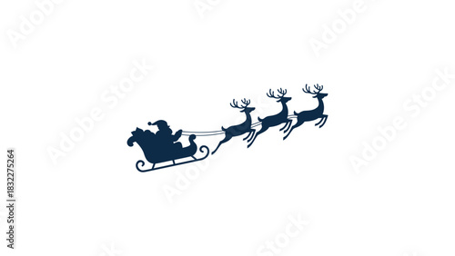 Silhouette of santa claus riding in his sleigh pulled by reindeer against a white background