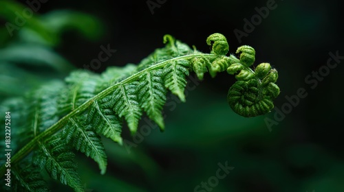 Fern unfurling in a lush forest setting during early morning light showcases nature's intricate details and vibrant green hues