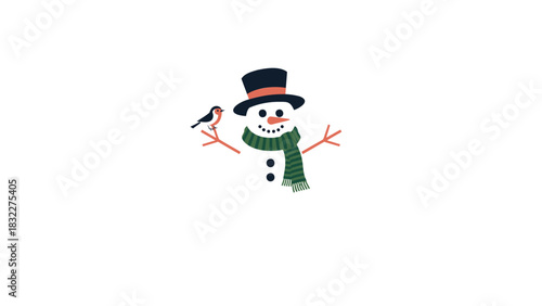 Charming snowman wearing a black top hat and green scarf with a small bird perched on his arm