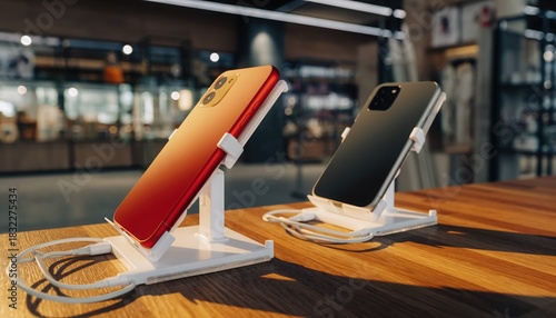 Sleek Smartphone Showcase: A pair of modern smartphones, one a vibrant red and the other a sleek black, are elegantly displayed on stands, showcasing cutting-edge technology and sleek design.