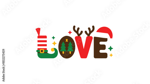 Festive christmas word love decorated with santa hat elf reindeer and trees for holiday season