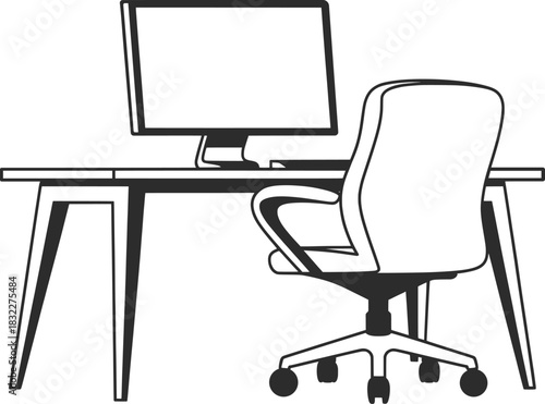 Modern Office Desk with Computer and Chair Illustration.