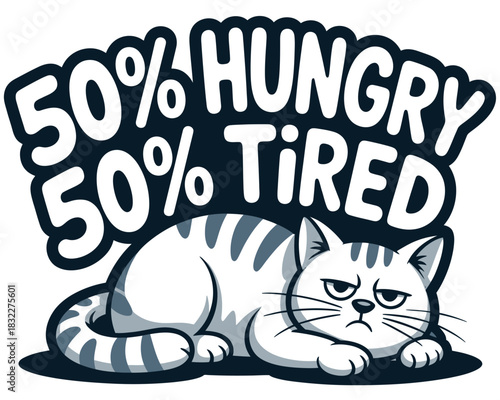 A grumpy cat lies down with the text '50% HUNGRY 50% TIRED' above it.
