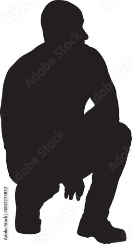 vector, silhouette of a front view of a man looking away and sitting squatting