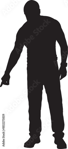 vector, silhouette of front view of man pointing finger down and looking down