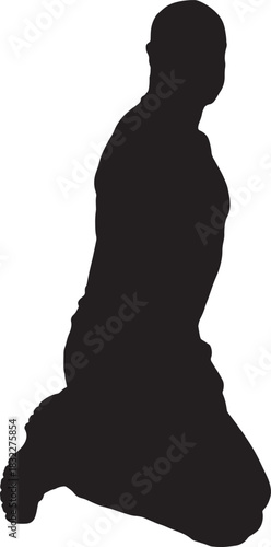 vector, silhouette of side view of a man kneeling on the floor and looking at camera