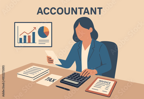 Accountant calculate tax, finance or accounting document, manage invoice, office financial chart and graph, money report or balance audit concept, businesswoman accountant working in the office Ai.