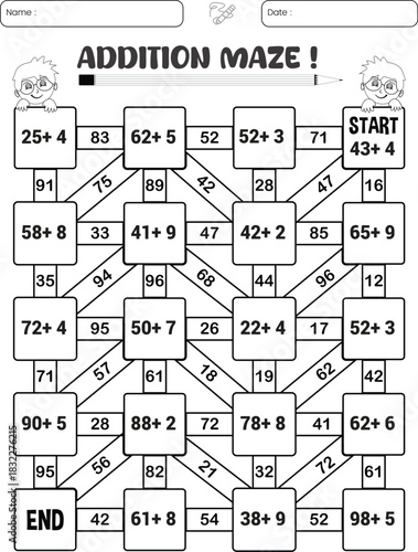 Addition maze puzzle game worksheet for child
