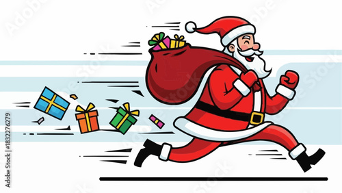 Santa claus running with a sack full of gifts and presents on a snowy background for christmas day