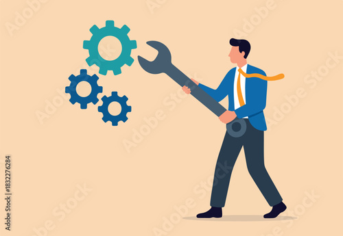 Adjustment and optimization for business improvement, change or fine tune for smooth ride, repair and maintenance service concept, businessman holding wrench to adjust gear cogwheels setting.