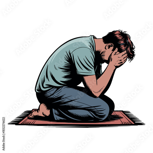 A man is kneeling in prayer with his head in his hands, expressing distress.