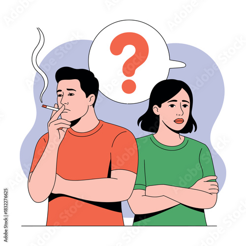 A man smokes a cigarette, while a woman looks concerned with a question mark above her head.