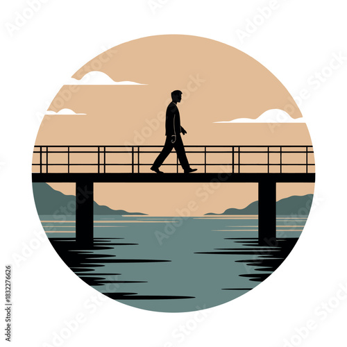 A solitary figure walks across a bridge overlooking a serene body of water.