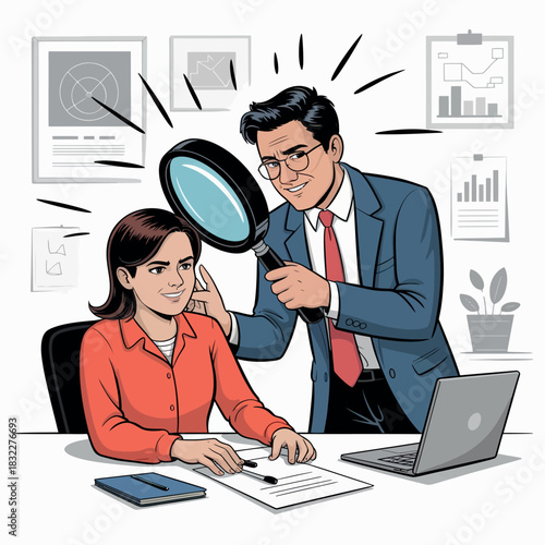 Man inspects woman's ear with magnifying glass in office setting.
