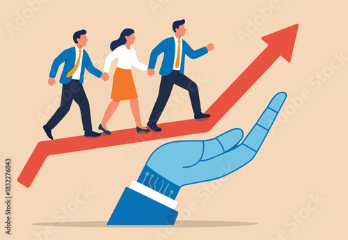 AI Artificial Intelligence help support business success, technology or innovation for new opportunity, invention for business growth concept, business people walking up on robot hand pointing up.