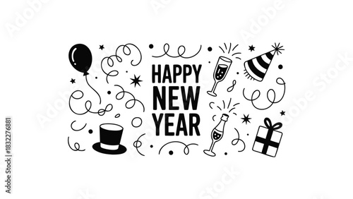 Hand drawn doodle style illustration celebrating happy new year with festive elements like balloons confetti and party hats