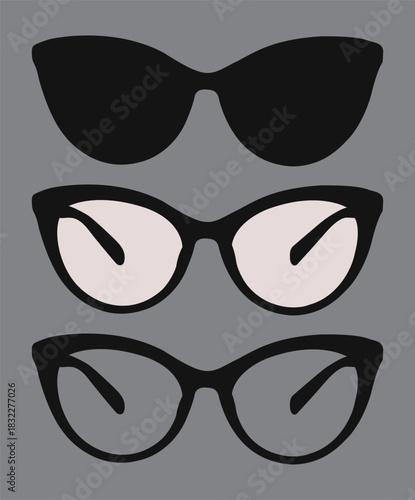 A black glass and white glass with a frame eyewear glasses on a gray background