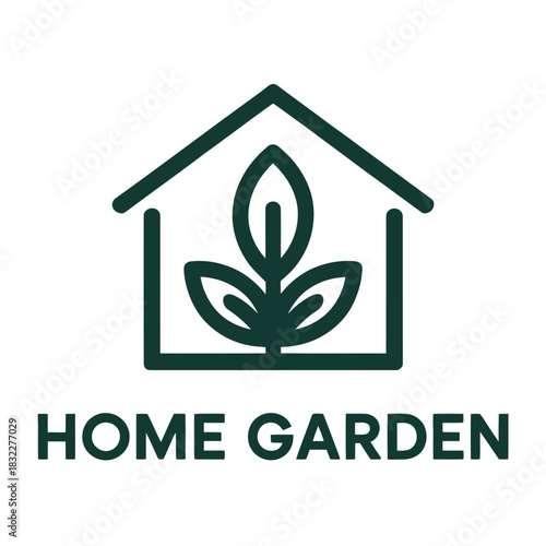 A minimalist logo design features a house silhouette enclosing a stylized green leaf plant.