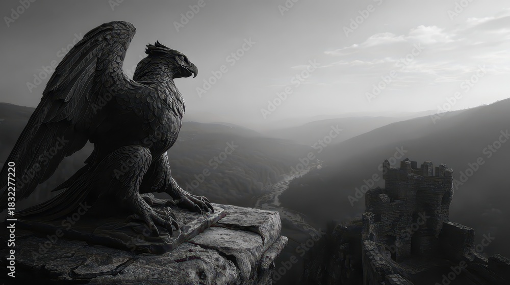 Fototapeta premium Granite sculpture of a mighty griffin guarding a medieval castle in a misty valley at dawn with dramatic silhouettes of mountains in the background
