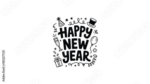 Whimsical hand drawn doodle art celebrating happy new year with festive party elements and confetti