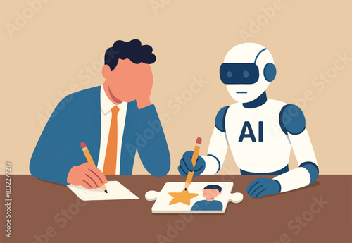  AI Artificial Intelligence work with human, robot or automation to help success, robot to replace human employment, job uncertainty concept, frustrated businessman working with pencil with AI robot