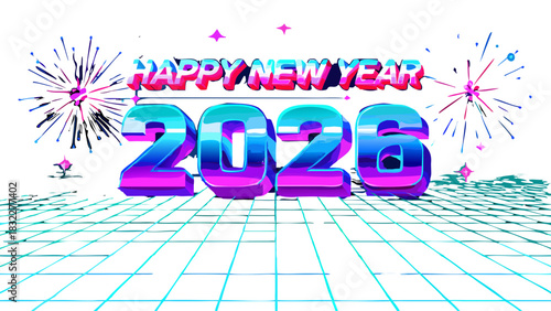 Happy new year 2026 with fireworks and a retro grid background in vibrant colors and bold lettering